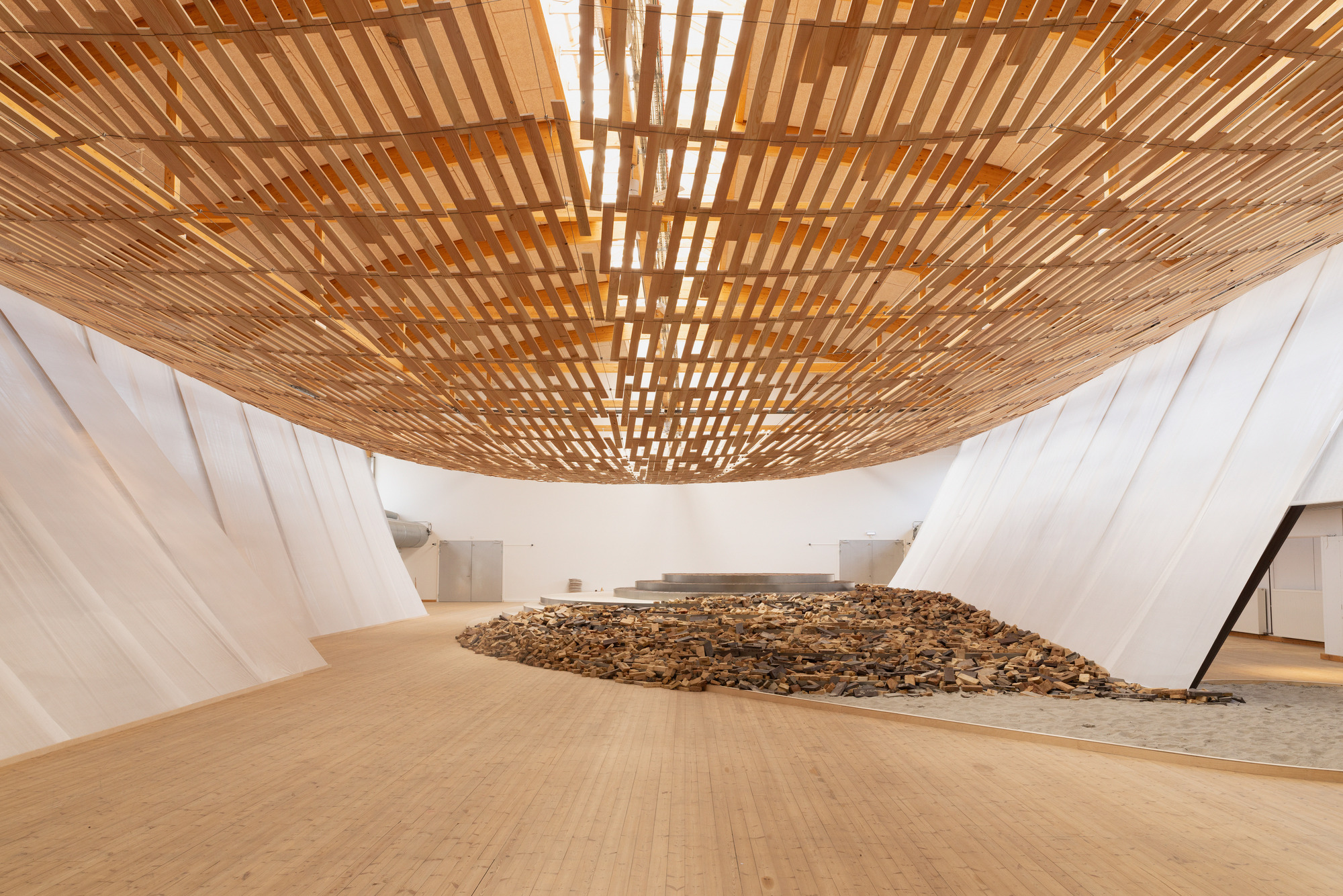 Kengo Kuma KKAA Earth Tree installation at Copenhagen Contemporary with Douglas fir elements
