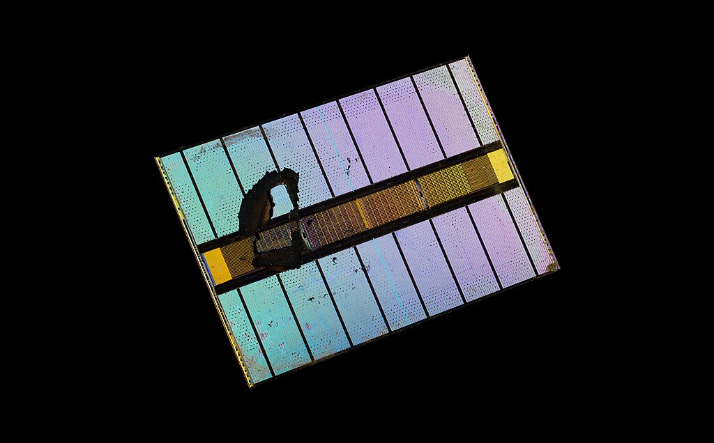High-magnification photograph of an HBM2 DRAM die from an AMD Radeon RX Vega 64, showing the intricate circuit patterns and TSV contact points on the silicon