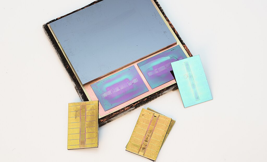 Microscope photograph of an HBM2 silicon interposer on an AMD Radeon RX Vega 64 GPU, with HBM dies removed to reveal the interposer traces and TSV contact pads